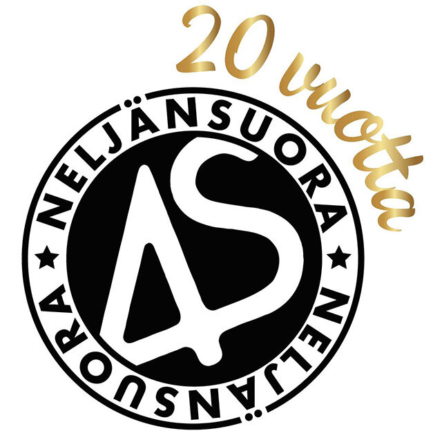 Neljänsuoran pyöreä logo ja kultainen teksti 20 vuotta.